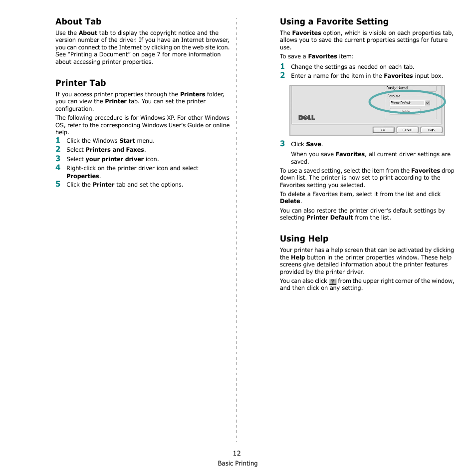About tab, Printer tab, Using a favorite setting | Using help, About tab - printer tab, Using a favorite setting - using help | Dell 1230c Color Laser Printer User Manual | Page 59 / 74