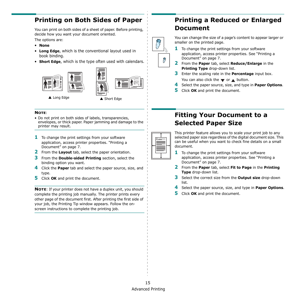 Printing on both sides of paper, Printing a reduced or enlarged document, Fitting your document to a selected paper size | Printing a reduced or enlarged document” on, Fitting your document to a selected paper | Dell 1230c Color Laser Printer User Manual | Page 62 / 74