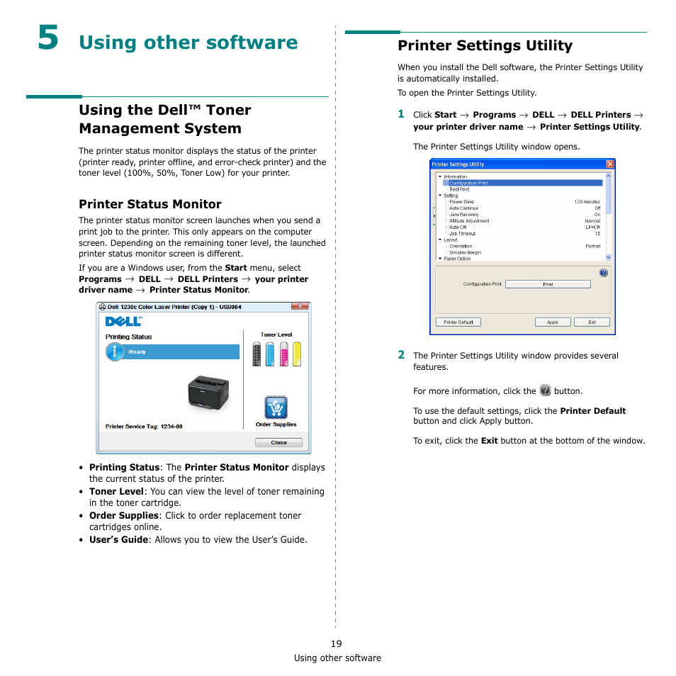 Using other software, Using the dell™ toner management system, Printer status monitor | Printer settings utility, Chapter 5 | Dell 1230c Color Laser Printer User Manual | Page 66 / 74