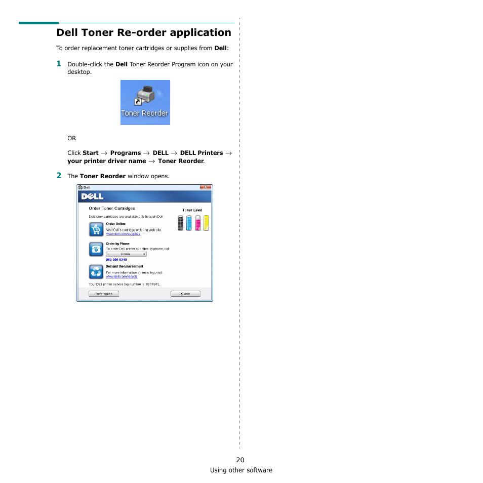 Dell toner re-order application | Dell 1230c Color Laser Printer User Manual | Page 67 / 74