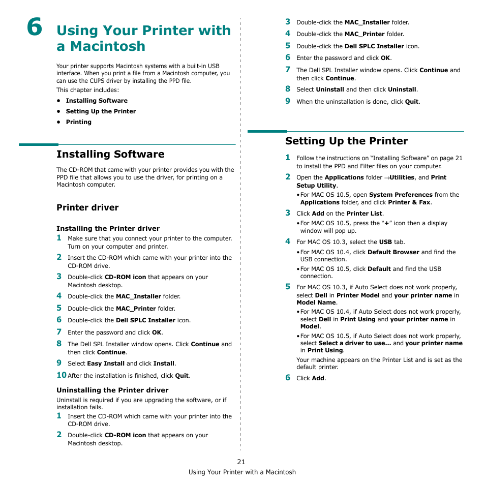 Using your printer with a macintosh, Installing software, Setting up the printer | Chapter 6, Installing software setting up the printer | Dell 1230c Color Laser Printer User Manual | Page 68 / 74