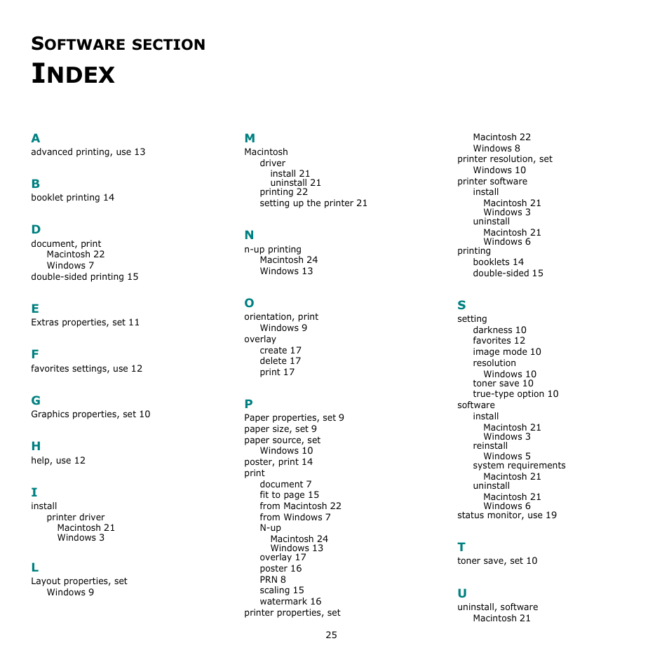 Software section index, Ndex, Oftware | Dell 1230c Color Laser Printer User Manual | Page 72 / 74