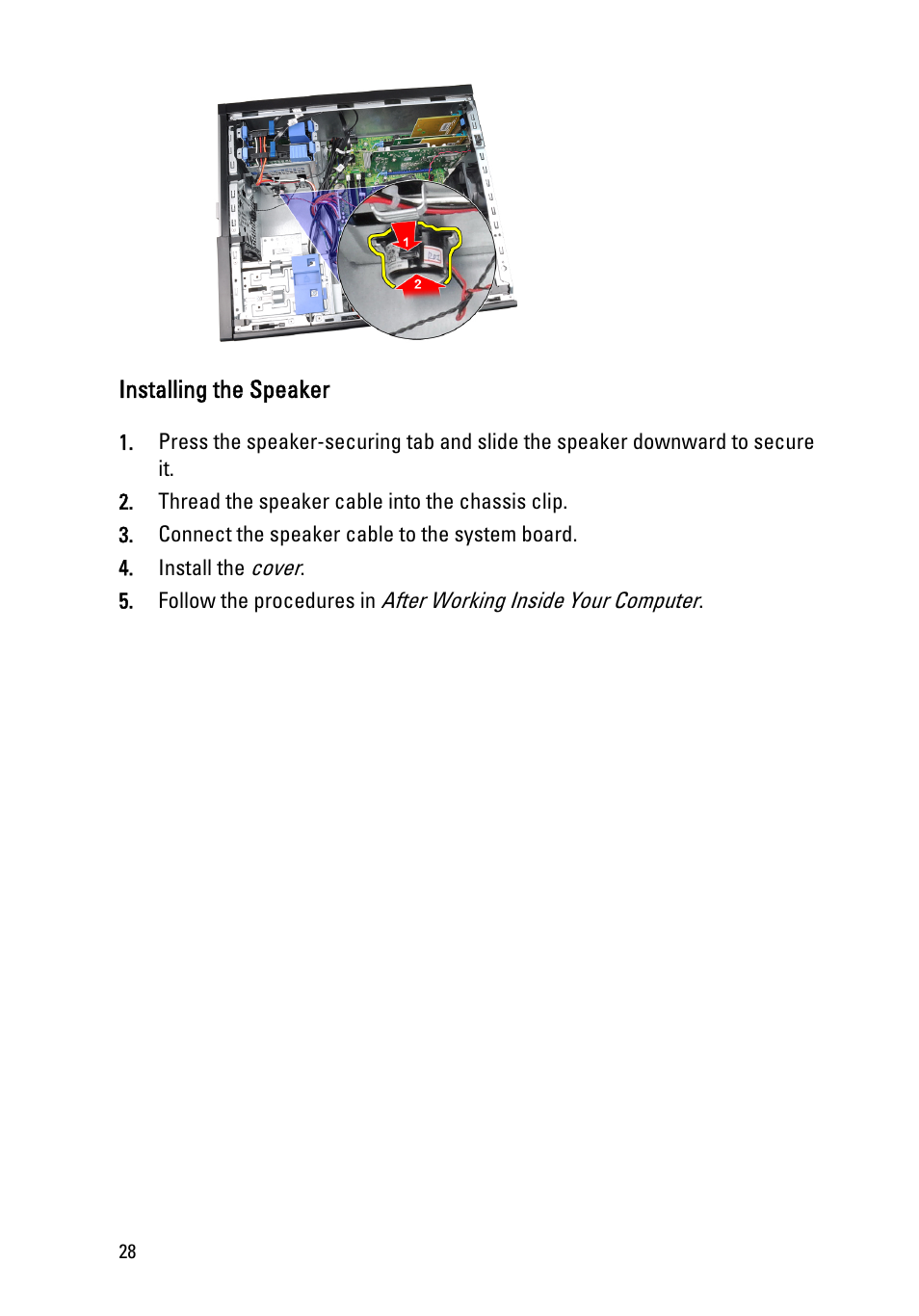 Installing the speaker | Dell OptiPlex 790 (Early 2011) User Manual | Page 28 / 94