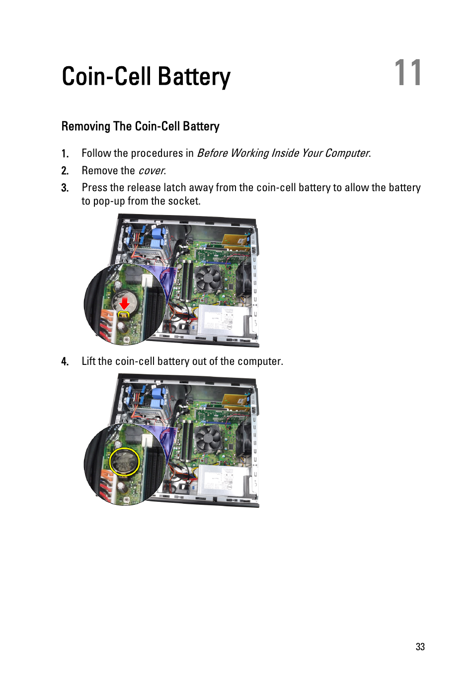 Coin-cell battery, Removing the coin-cell battery, 11 coin-cell battery | Dell OptiPlex 790 (Early 2011) User Manual | Page 33 / 94