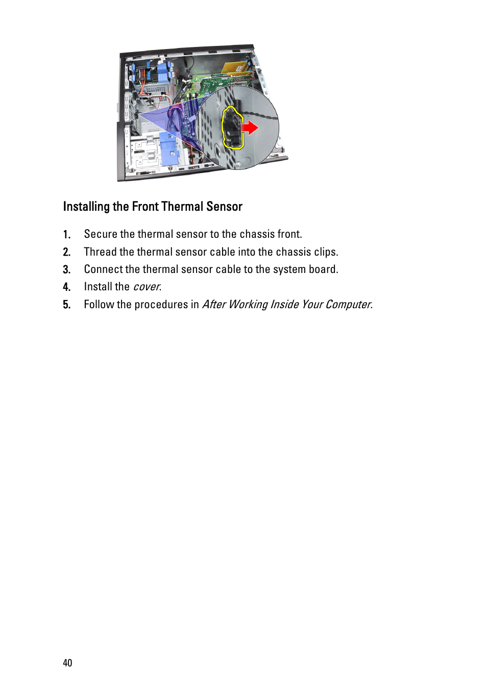 Installing the front thermal sensor | Dell OptiPlex 790 (Early 2011) User Manual | Page 40 / 94