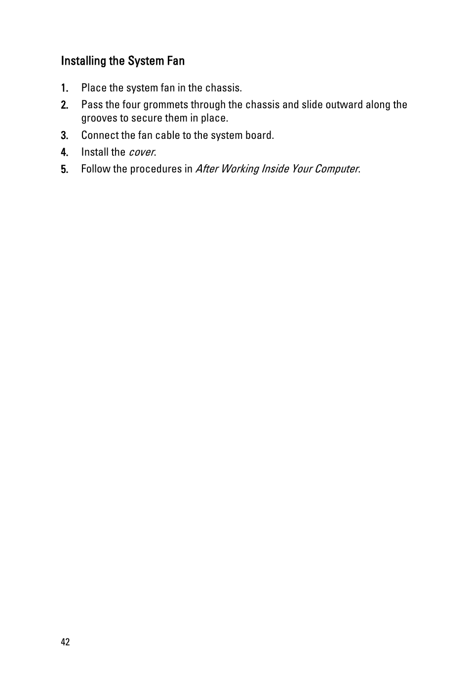Installing the system fan | Dell OptiPlex 790 (Early 2011) User Manual | Page 42 / 94