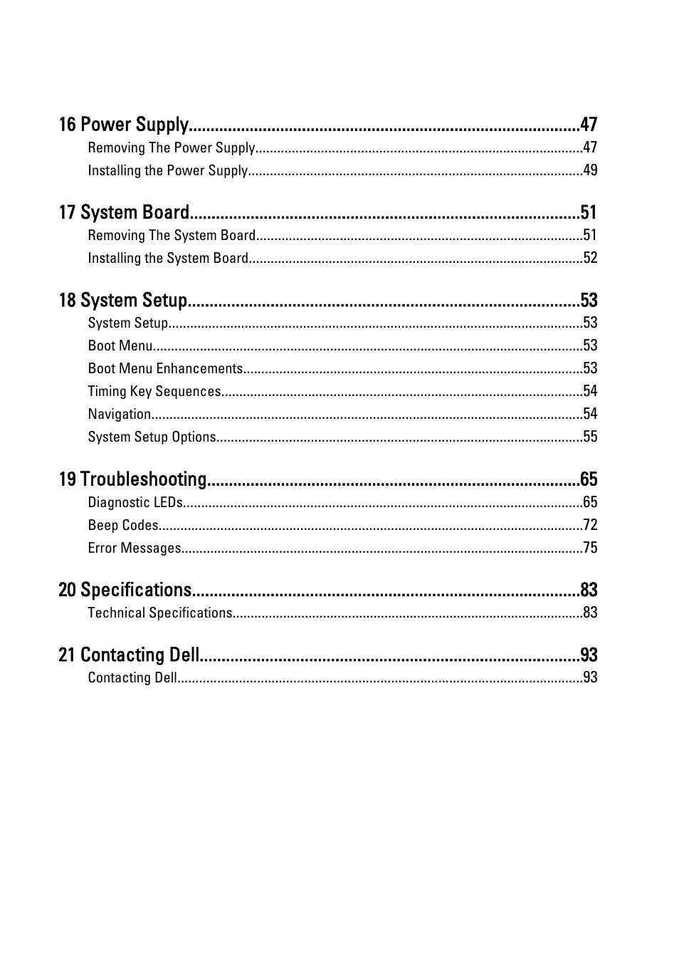 16 power supply, 17 system board, 18 system setup | 19 troubleshooting, 20 specifications, 21 contacting dell | Dell OptiPlex 790 (Early 2011) User Manual | Page 5 / 94