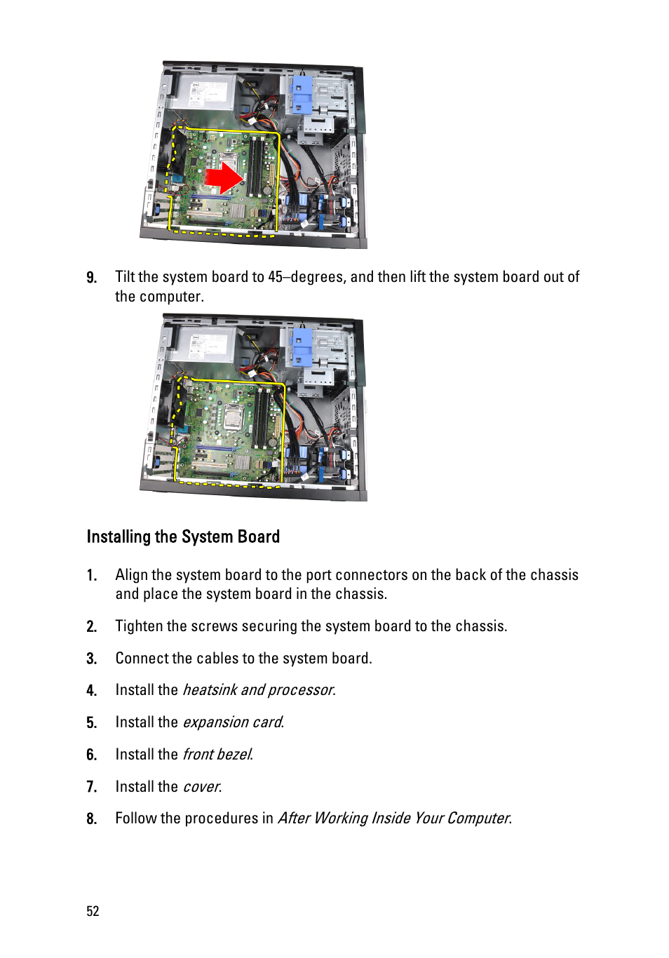 Installing the system board | Dell OptiPlex 790 (Early 2011) User Manual | Page 52 / 94