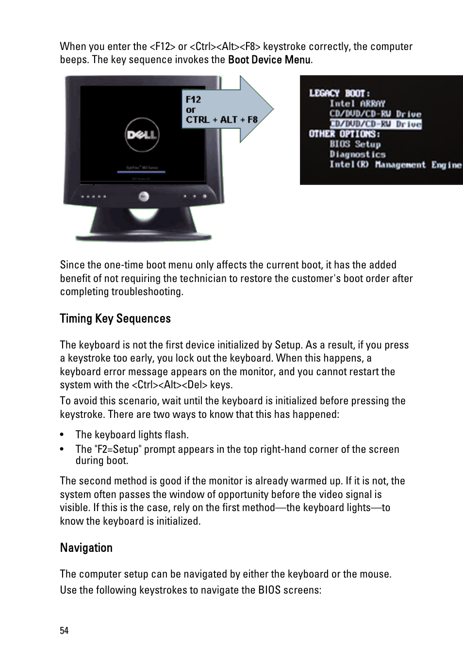 Timing key sequences, Navigation | Dell OptiPlex 790 (Early 2011) User Manual | Page 54 / 94