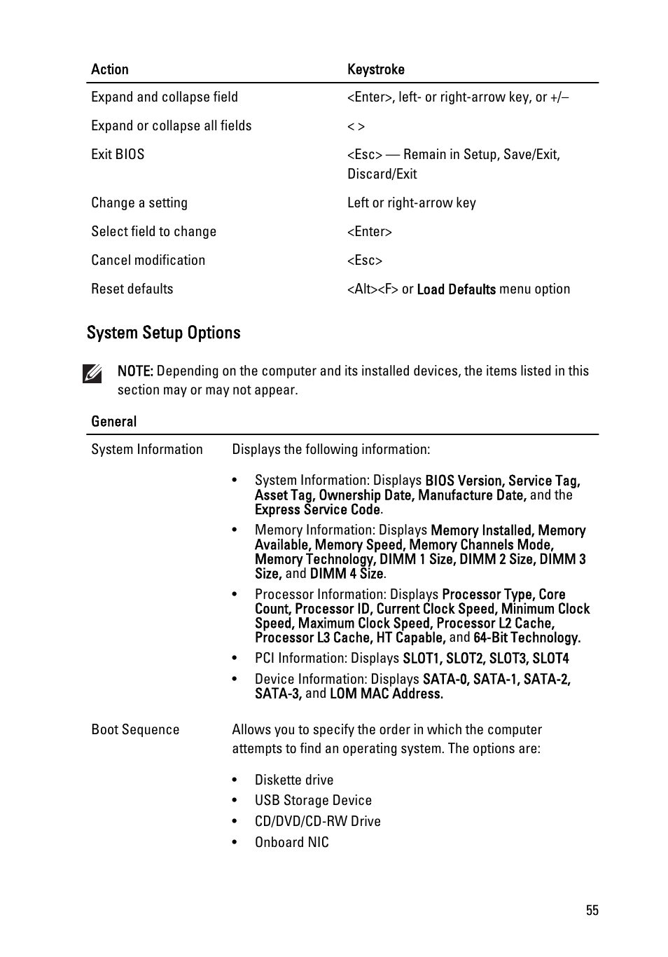 System setup options | Dell OptiPlex 790 (Early 2011) User Manual | Page 55 / 94