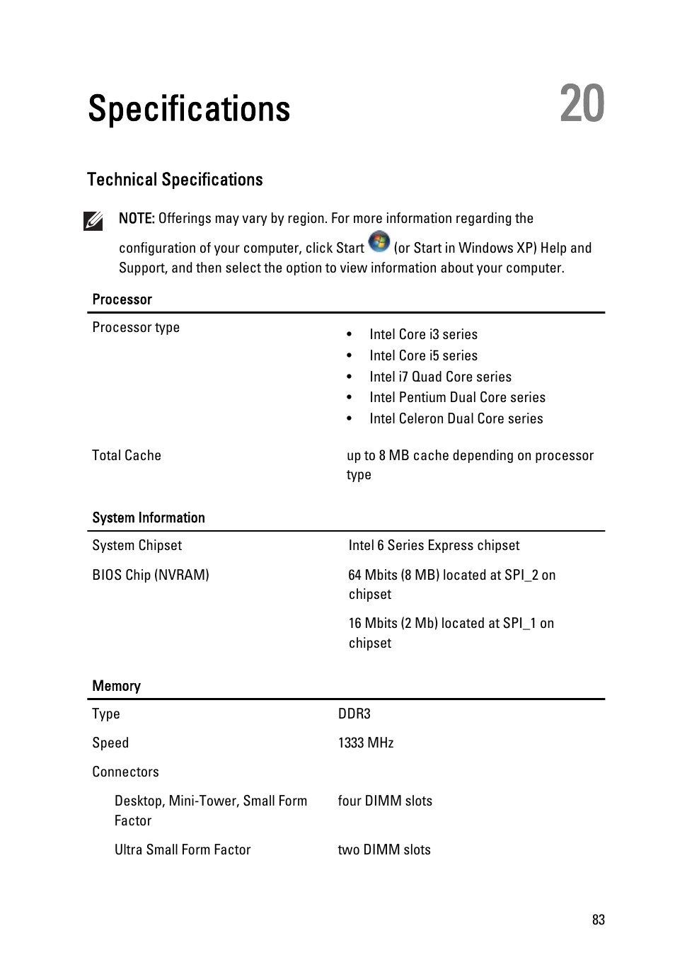 Specifications, Technical specifications, 20 specifications | Dell OptiPlex 790 (Early 2011) User Manual | Page 83 / 94