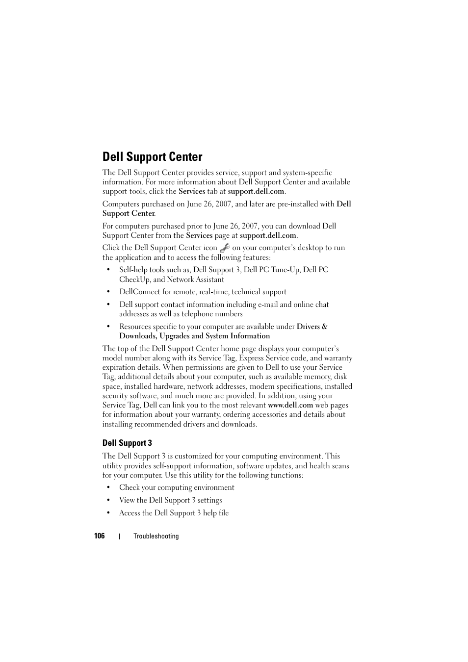 Dell support center, Dell support 3 | Dell Inspiron 1521 (Mid 2007) User Manual | Page 106 / 222