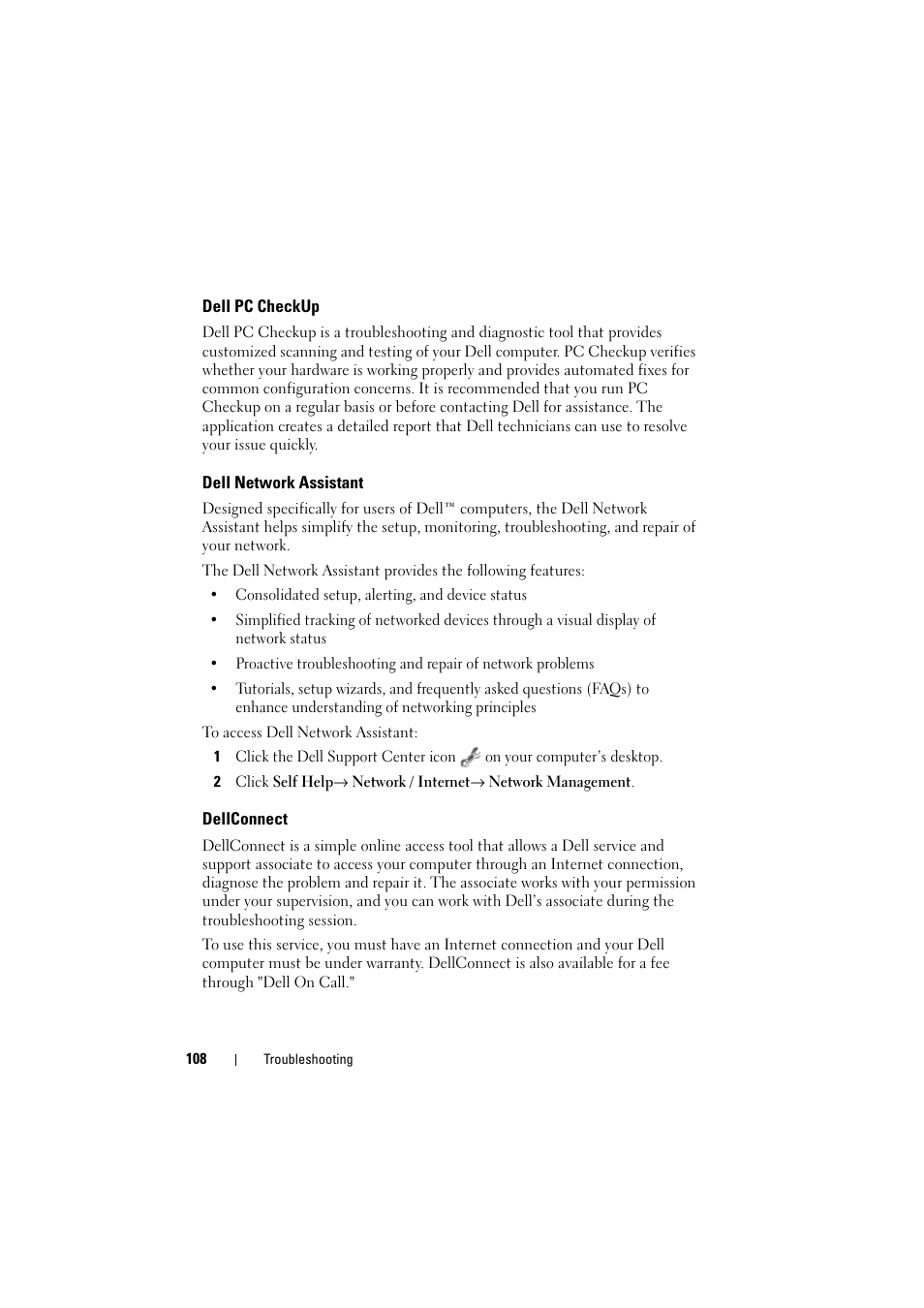 Dell pc checkup, Dell network assistant, Dellconnect | Dell Inspiron 1521 (Mid 2007) User Manual | Page 108 / 222