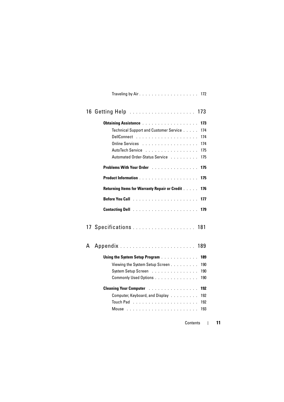 16 getting help, 17 specifications, 181 a appendix | Dell Inspiron 1521 (Mid 2007) User Manual | Page 11 / 222