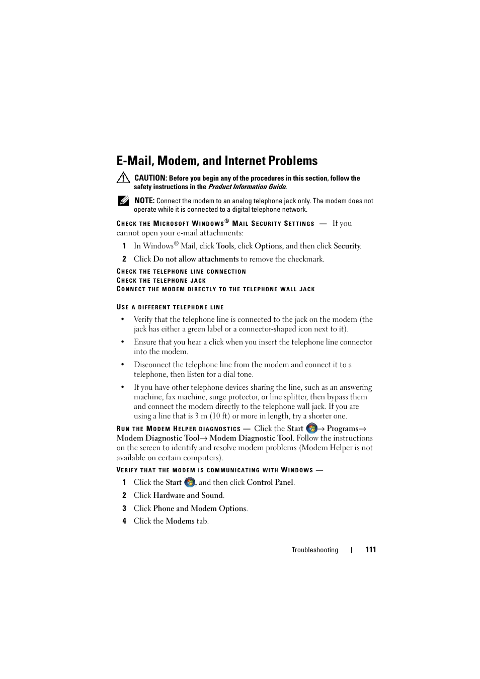 E-mail, modem, and internet problems | Dell Inspiron 1521 (Mid 2007) User Manual | Page 111 / 222