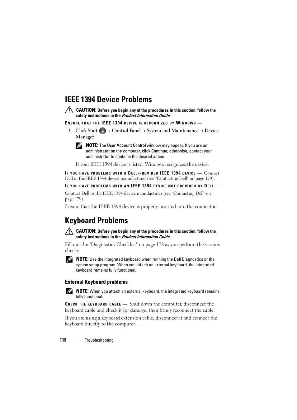 Ieee 1394 device problems, Keyboard problems, External keyboard problems | Dell Inspiron 1521 (Mid 2007) User Manual | Page 118 / 222