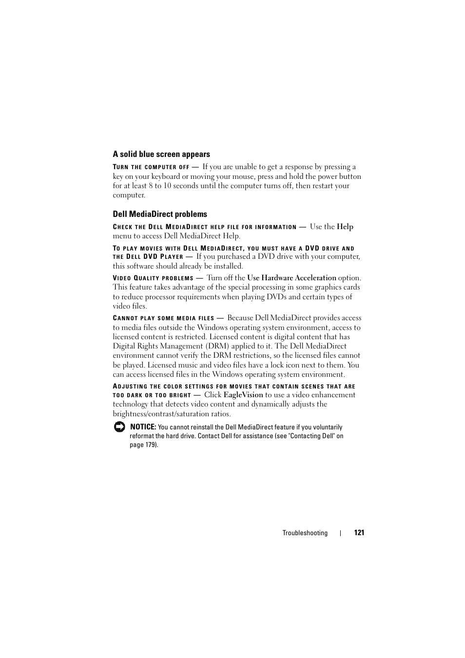 A solid blue screen appears, Dell mediadirect problems | Dell Inspiron 1521 (Mid 2007) User Manual | Page 121 / 222
