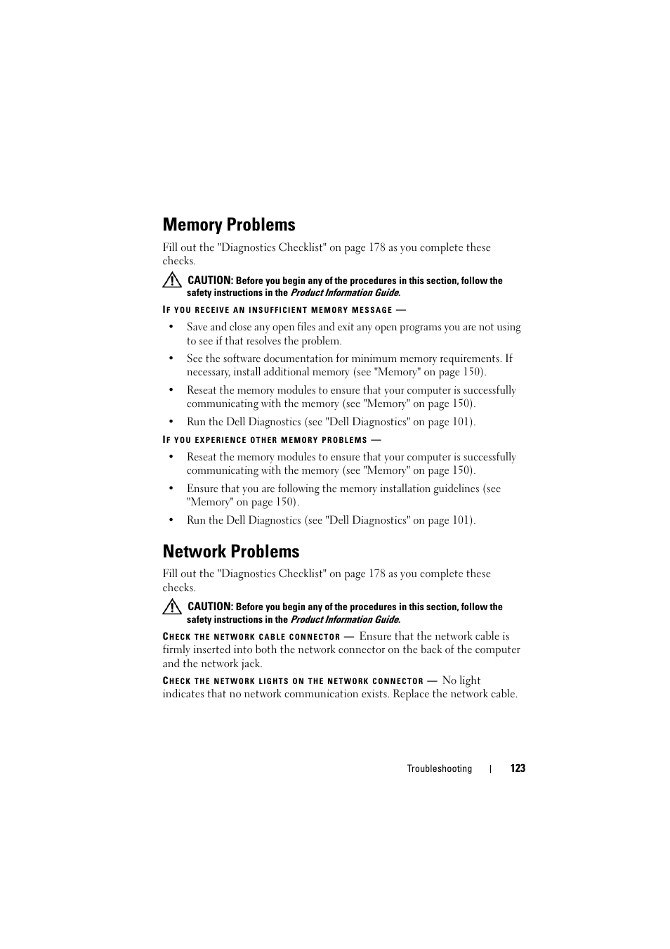 Memory problems, Network problems | Dell Inspiron 1521 (Mid 2007) User Manual | Page 123 / 222