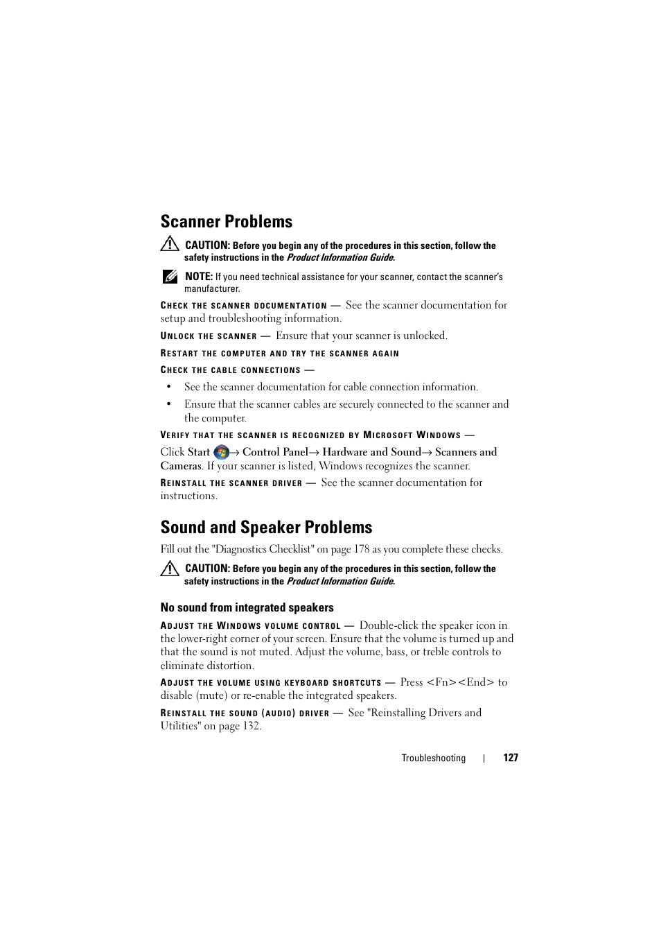 Scanner problems, Sound and speaker problems, No sound from integrated speakers | Dell Inspiron 1521 (Mid 2007) User Manual | Page 127 / 222