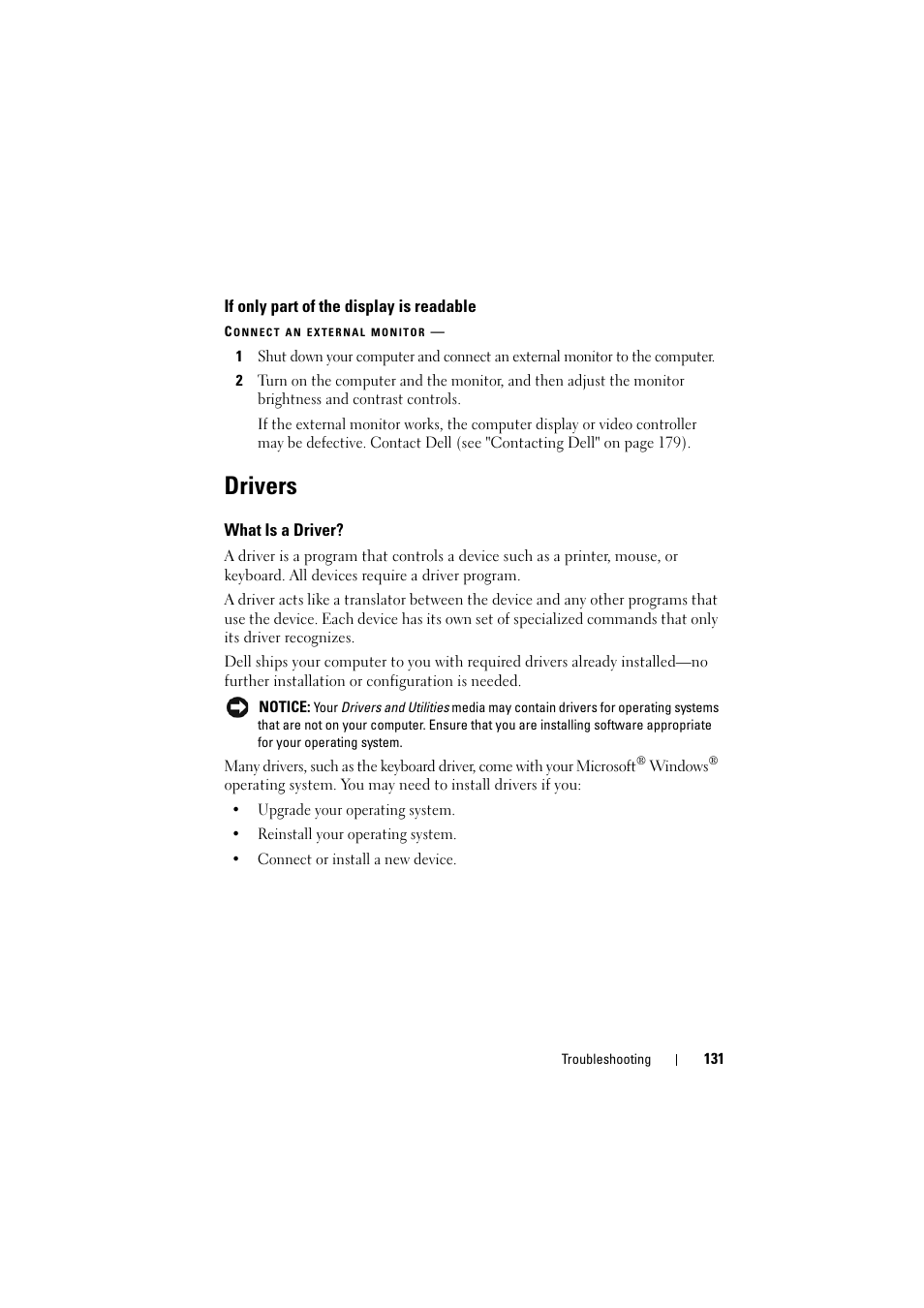 If only part of the display is readable, Drivers, What is a driver | Dell Inspiron 1521 (Mid 2007) User Manual | Page 131 / 222