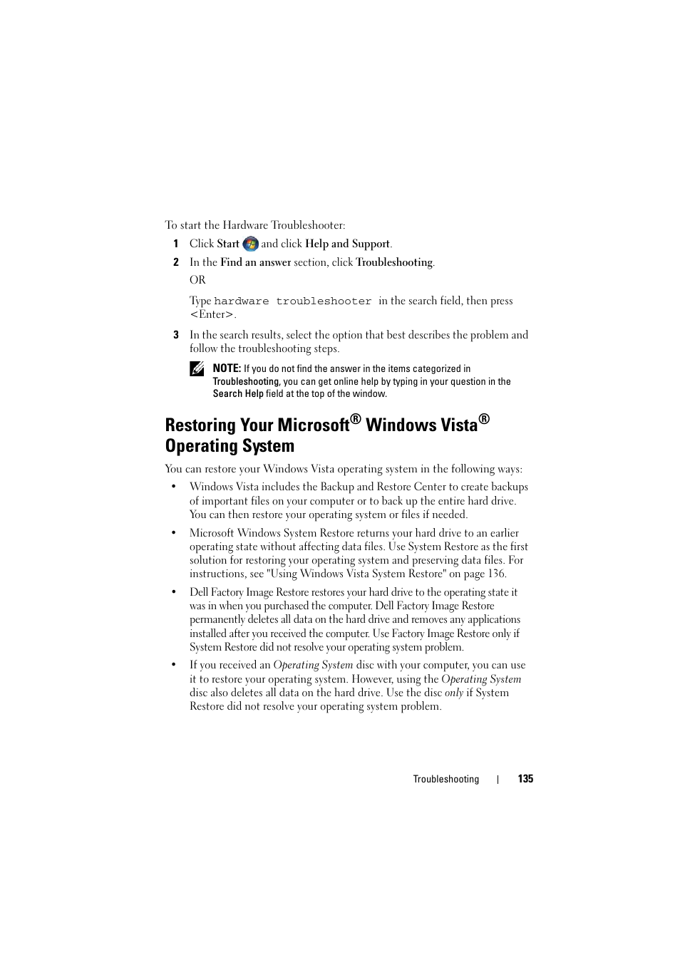 Restoring your microsoft, Windows vista, Operating system | Dell Inspiron 1521 (Mid 2007) User Manual | Page 135 / 222