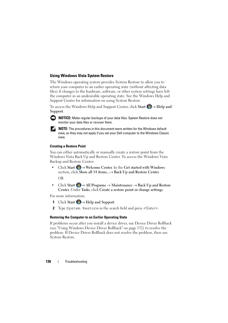 Using windows vista system restore | Dell Inspiron 1521 (Mid 2007) User Manual | Page 136 / 222