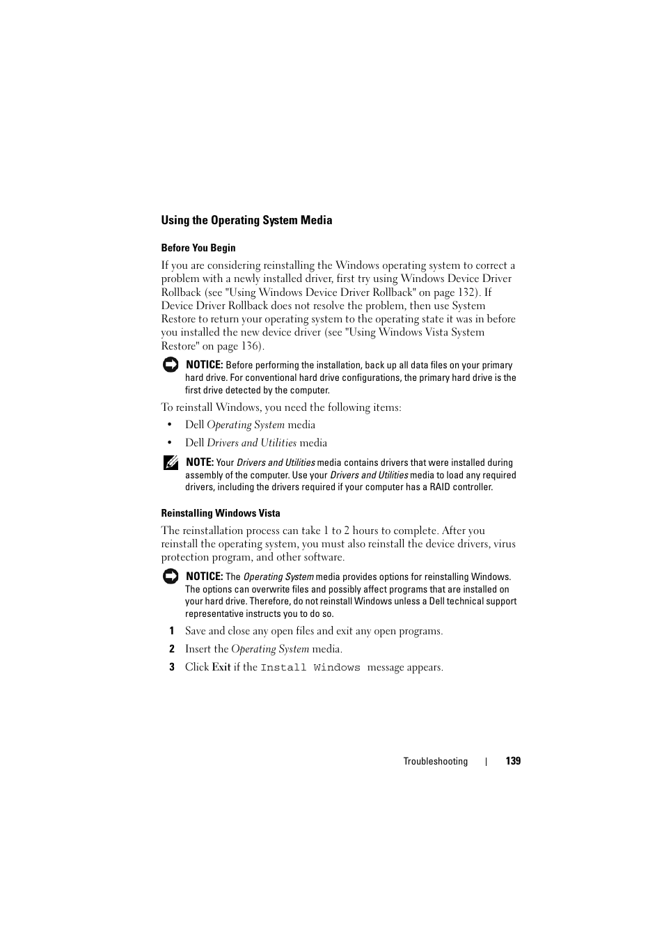 Using the operating system media | Dell Inspiron 1521 (Mid 2007) User Manual | Page 139 / 222