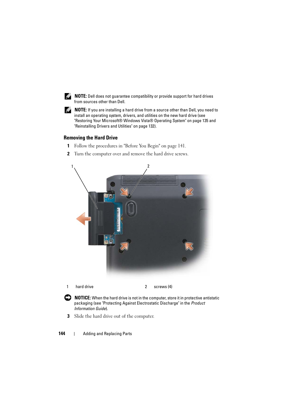 Removing the hard drive | Dell Inspiron 1521 (Mid 2007) User Manual | Page 144 / 222