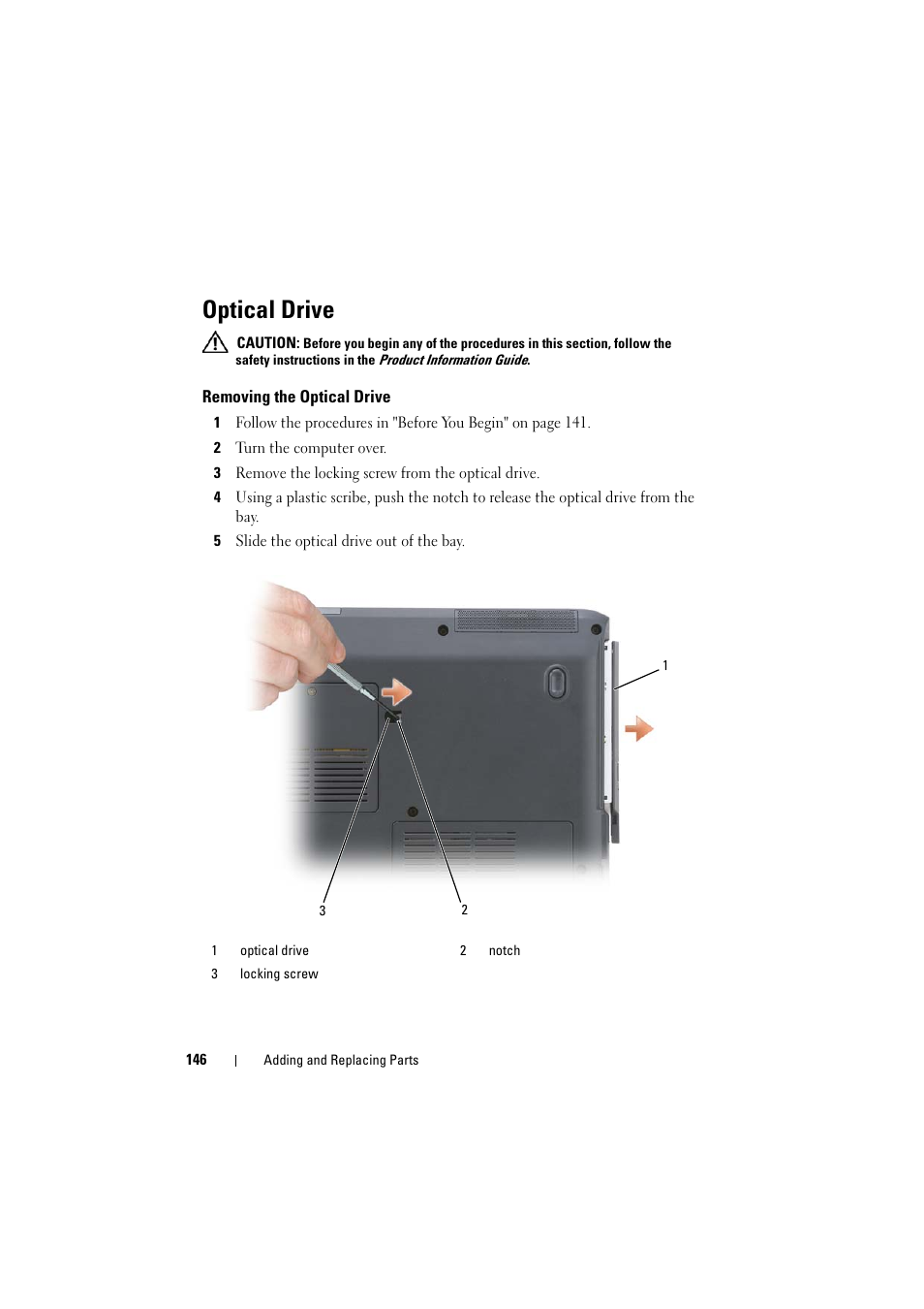 Optical drive, Removing the optical drive | Dell Inspiron 1521 (Mid 2007) User Manual | Page 146 / 222