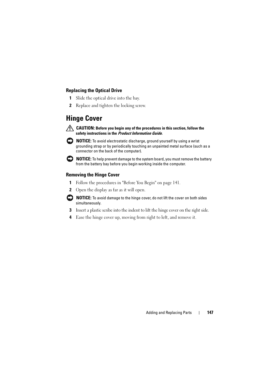 Replacing the optical drive, Hinge cover, Removing the hinge cover | Dell Inspiron 1521 (Mid 2007) User Manual | Page 147 / 222