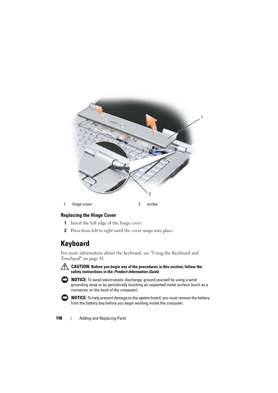 Replacing the hinge cover, Keyboard | Dell Inspiron 1521 (Mid 2007) User Manual | Page 148 / 222