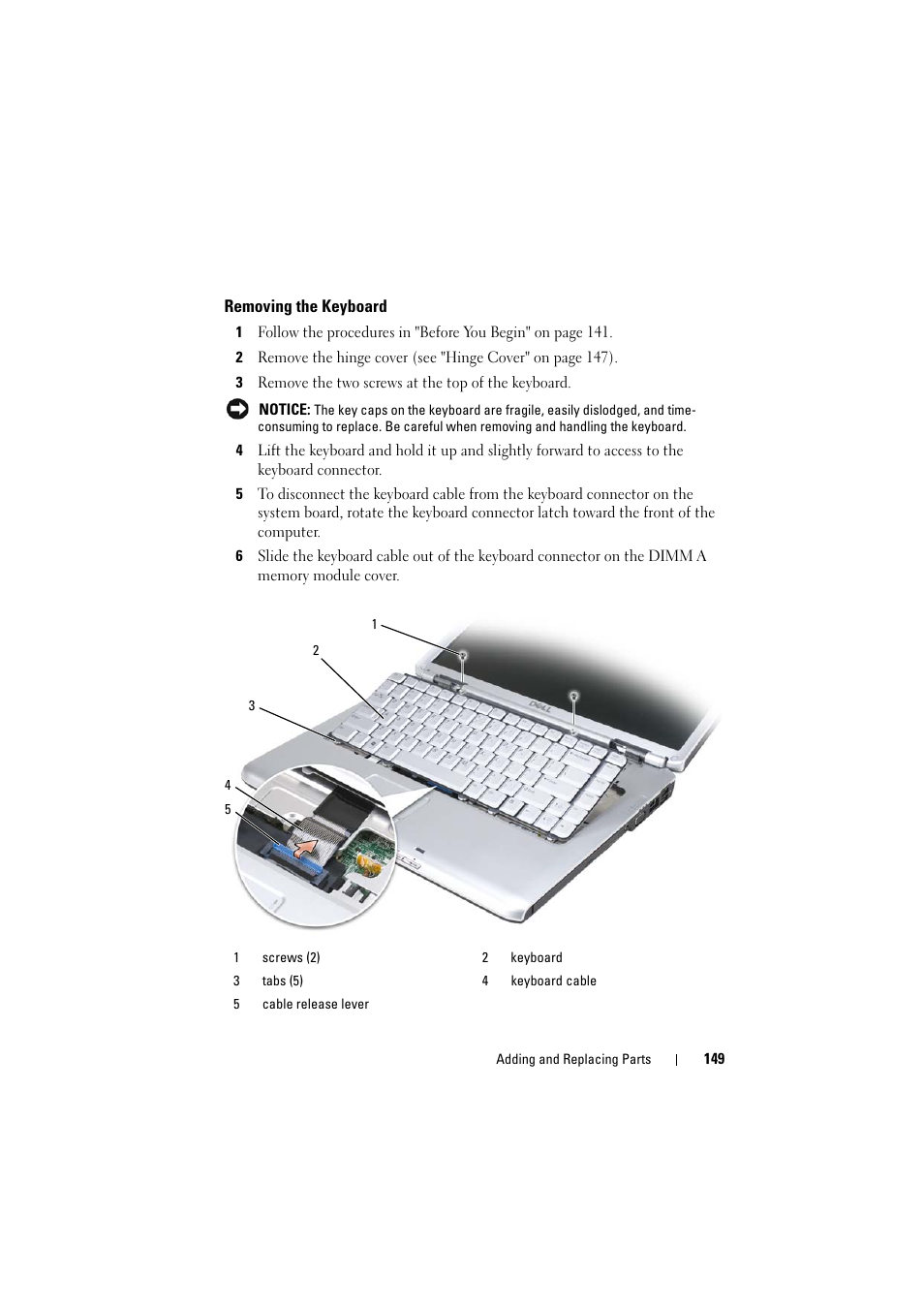 Removing the keyboard | Dell Inspiron 1521 (Mid 2007) User Manual | Page 149 / 222