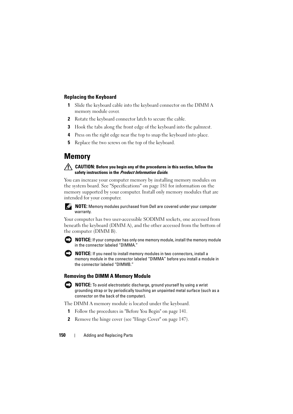 Replacing the keyboard, Memory, Removing the dimm a memory module | Dell Inspiron 1521 (Mid 2007) User Manual | Page 150 / 222