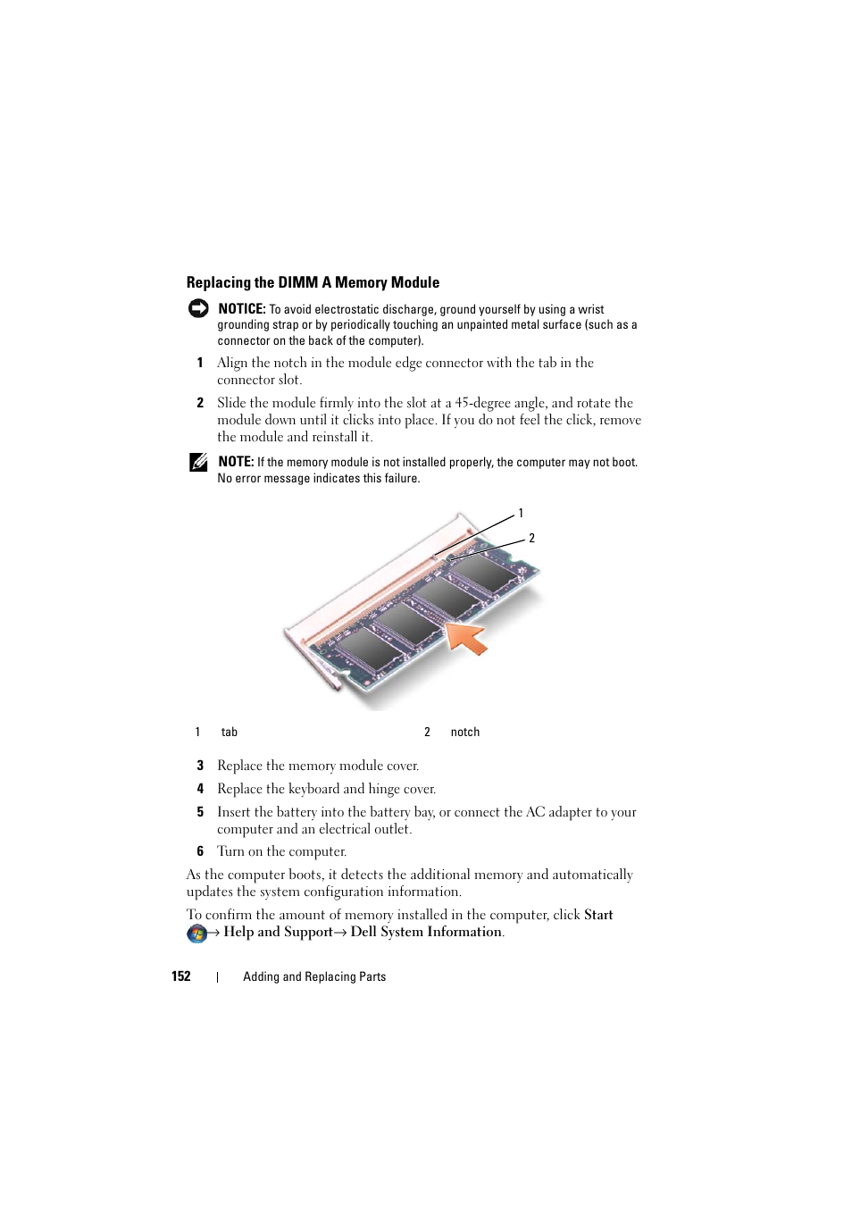 Replacing the dimm a memory module | Dell Inspiron 1521 (Mid 2007) User Manual | Page 152 / 222