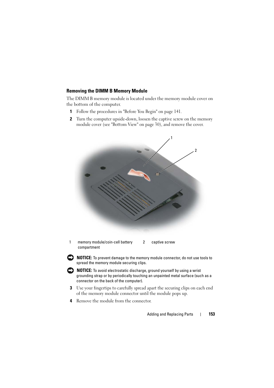 Removing the dimm b memory module | Dell Inspiron 1521 (Mid 2007) User Manual | Page 153 / 222