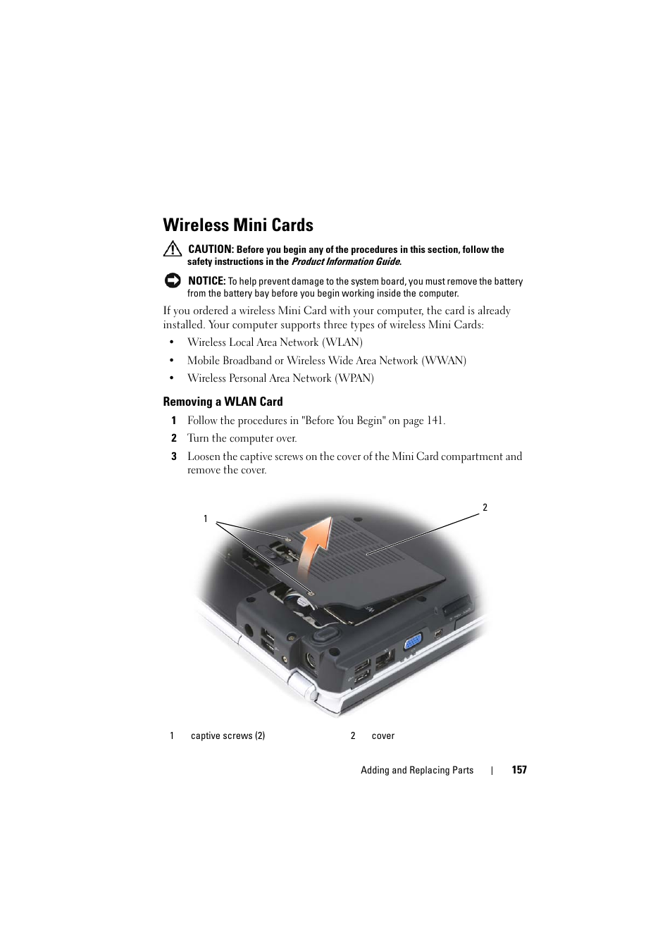 Wireless mini cards, Removing a wlan card | Dell Inspiron 1521 (Mid 2007) User Manual | Page 157 / 222