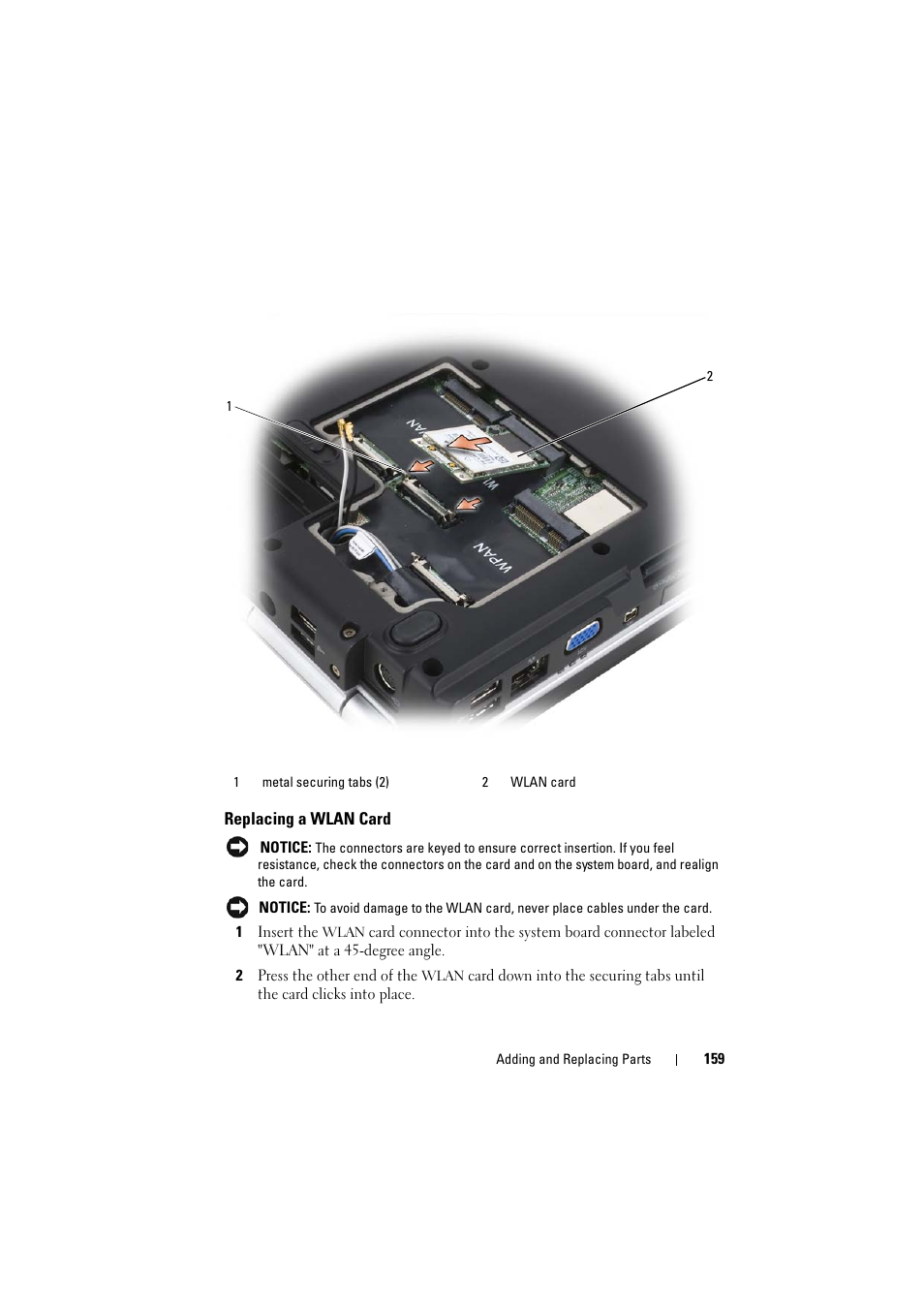 Replacing a wlan card | Dell Inspiron 1521 (Mid 2007) User Manual | Page 159 / 222