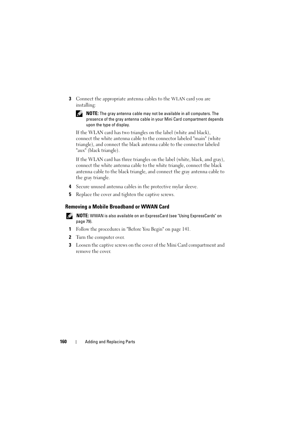 Removing a mobile broadband or wwan card | Dell Inspiron 1521 (Mid 2007) User Manual | Page 160 / 222