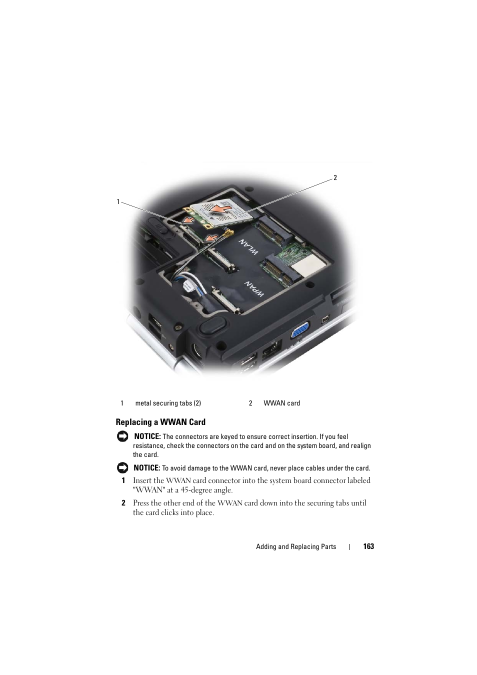 Replacing a wwan card | Dell Inspiron 1521 (Mid 2007) User Manual | Page 163 / 222