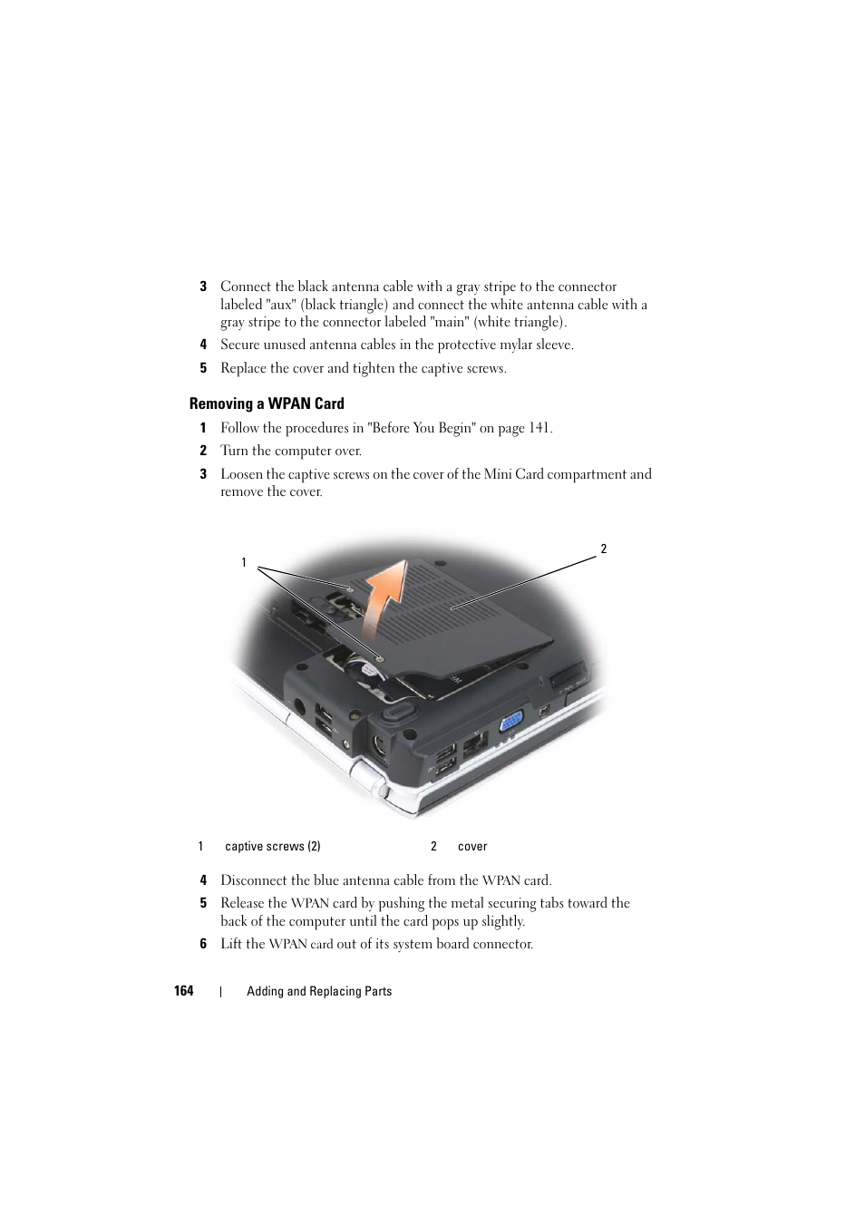 Removing a wpan card | Dell Inspiron 1521 (Mid 2007) User Manual | Page 164 / 222