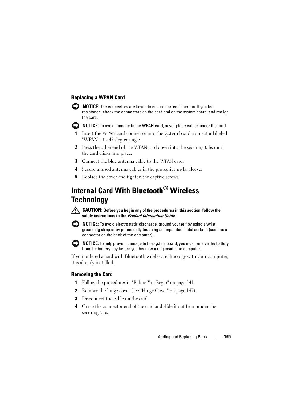 Replacing a wpan card, Internal card with bluetooth® wireless technology, Removing the card | Internal card with bluetooth, Wireless technology | Dell Inspiron 1521 (Mid 2007) User Manual | Page 165 / 222