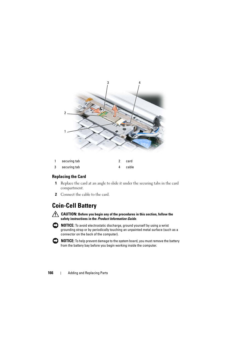 Replacing the card, Coin-cell battery | Dell Inspiron 1521 (Mid 2007) User Manual | Page 166 / 222