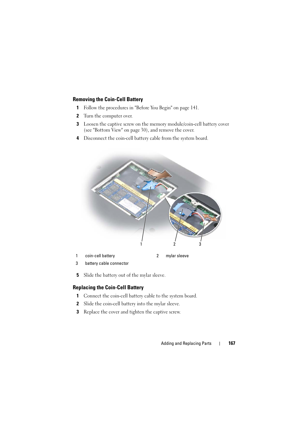 Removing the coin-cell battery, Replacing the coin-cell battery | Dell Inspiron 1521 (Mid 2007) User Manual | Page 167 / 222