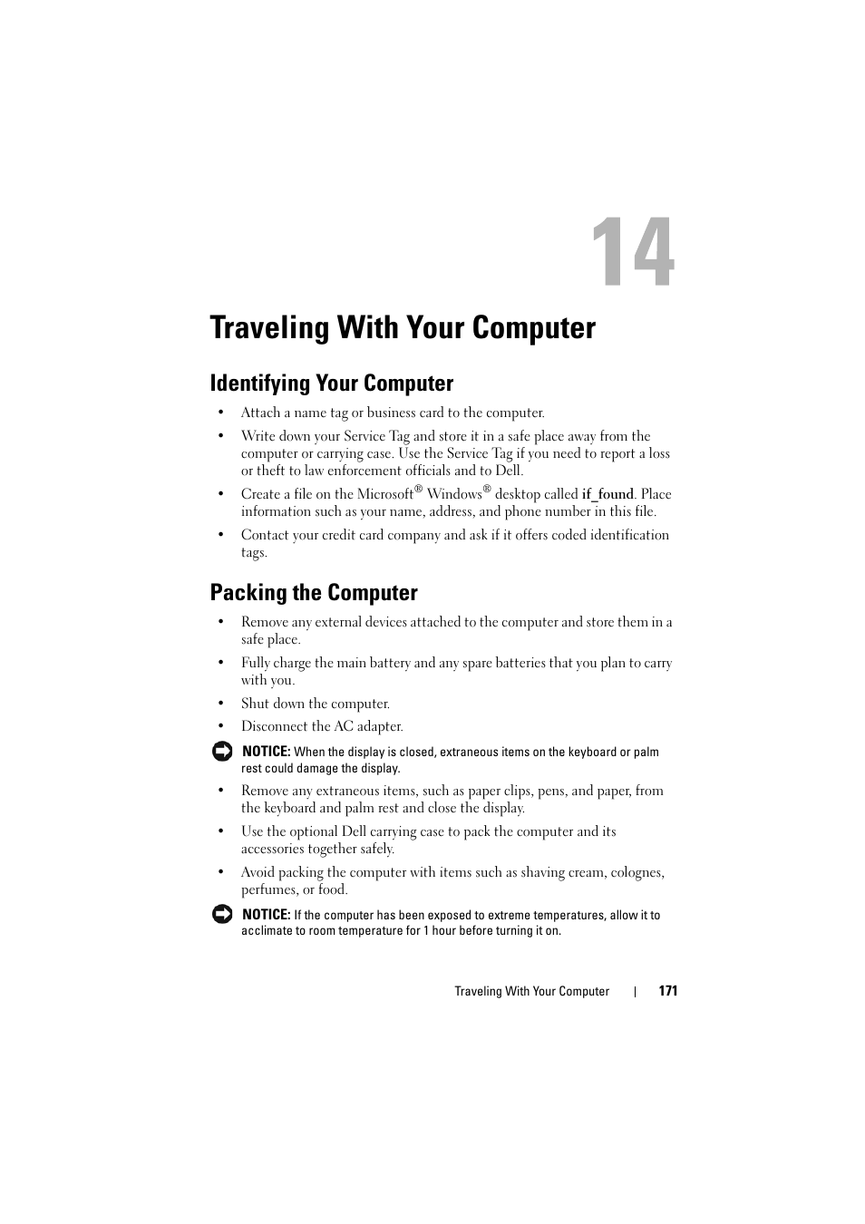 Traveling with your computer, Identifying your computer, Packing the computer | Dell Inspiron 1521 (Mid 2007) User Manual | Page 171 / 222