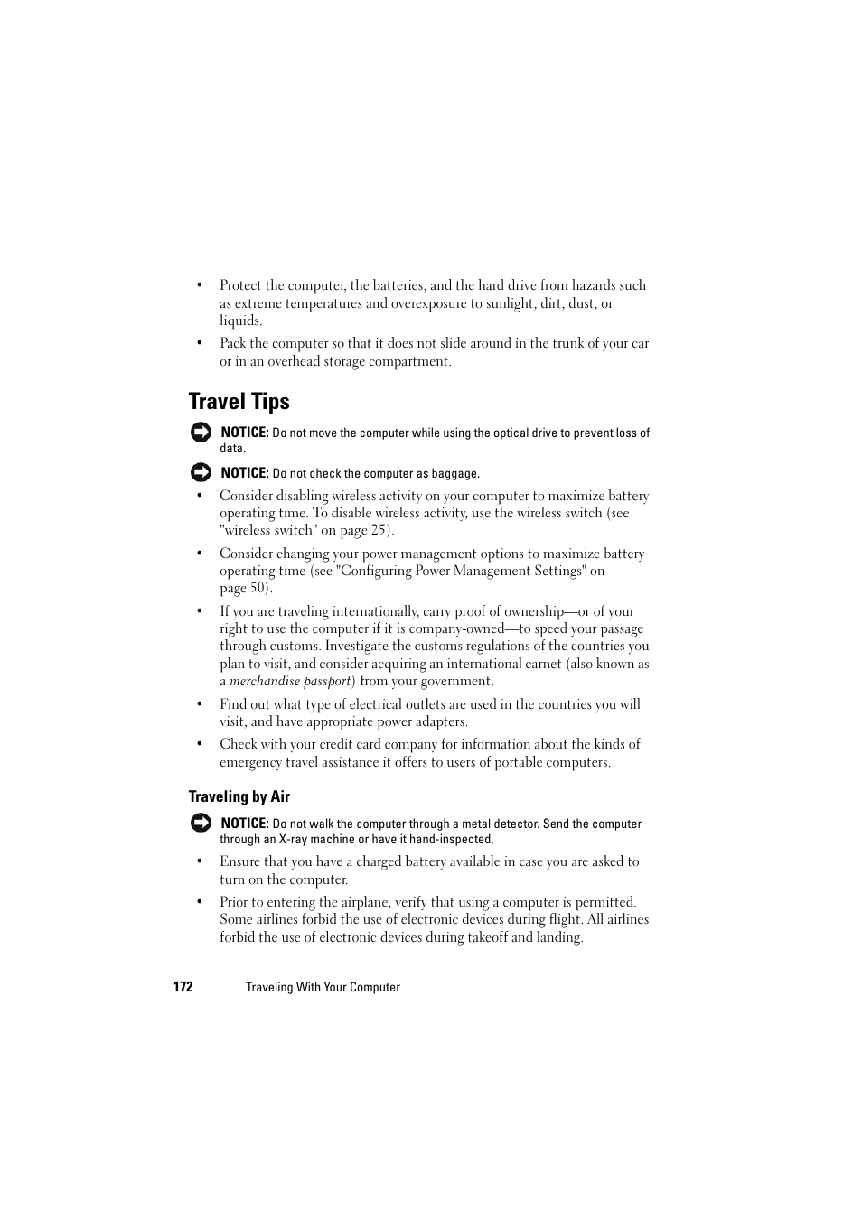 Travel tips, Traveling by air | Dell Inspiron 1521 (Mid 2007) User Manual | Page 172 / 222