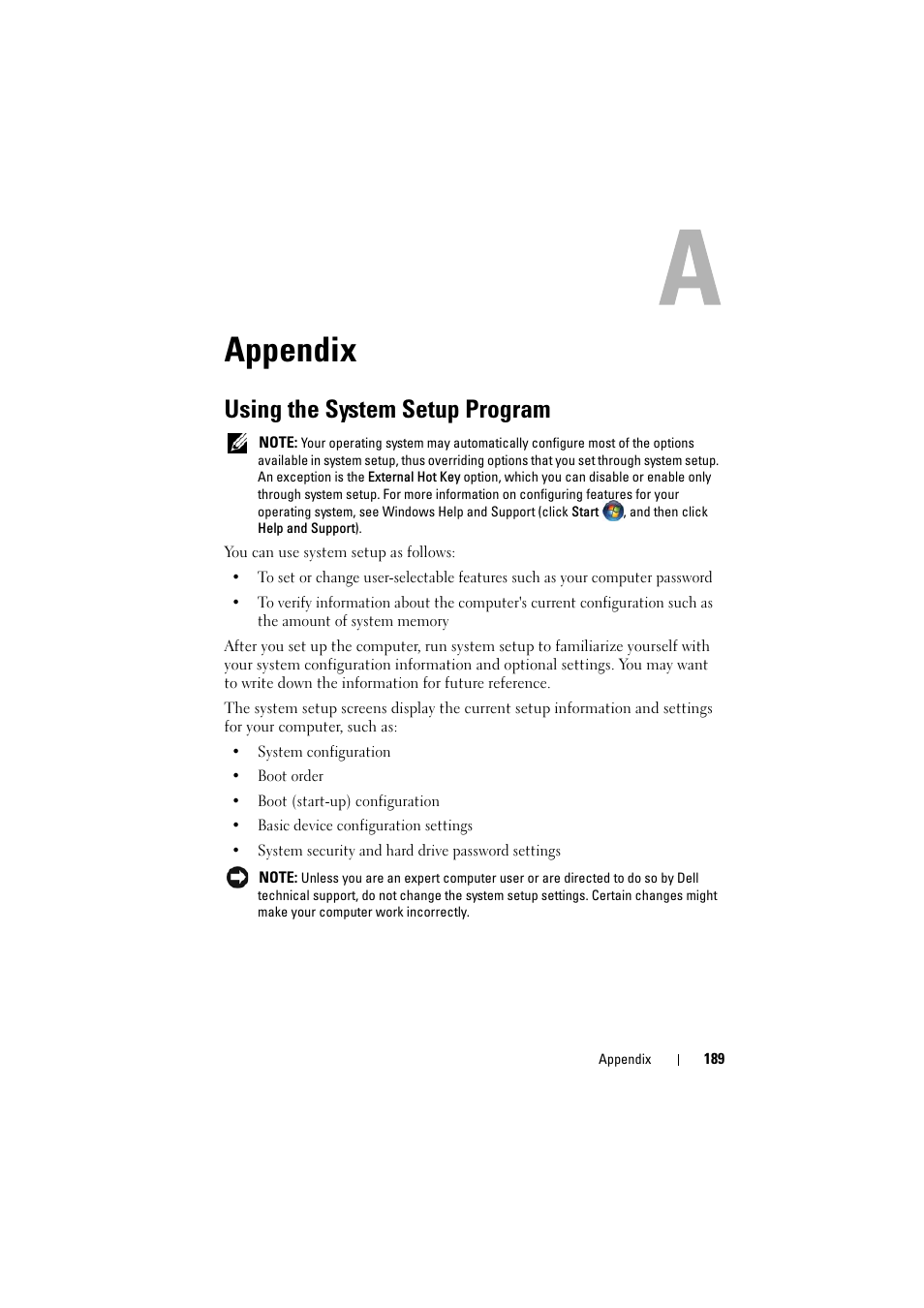 Using the system setup program, Appendix | Dell Inspiron 1521 (Mid 2007) User Manual | Page 189 / 222