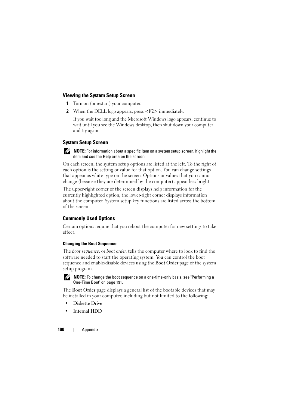 Viewing the system setup screen, System setup screen, Commonly used options | Dell Inspiron 1521 (Mid 2007) User Manual | Page 190 / 222
