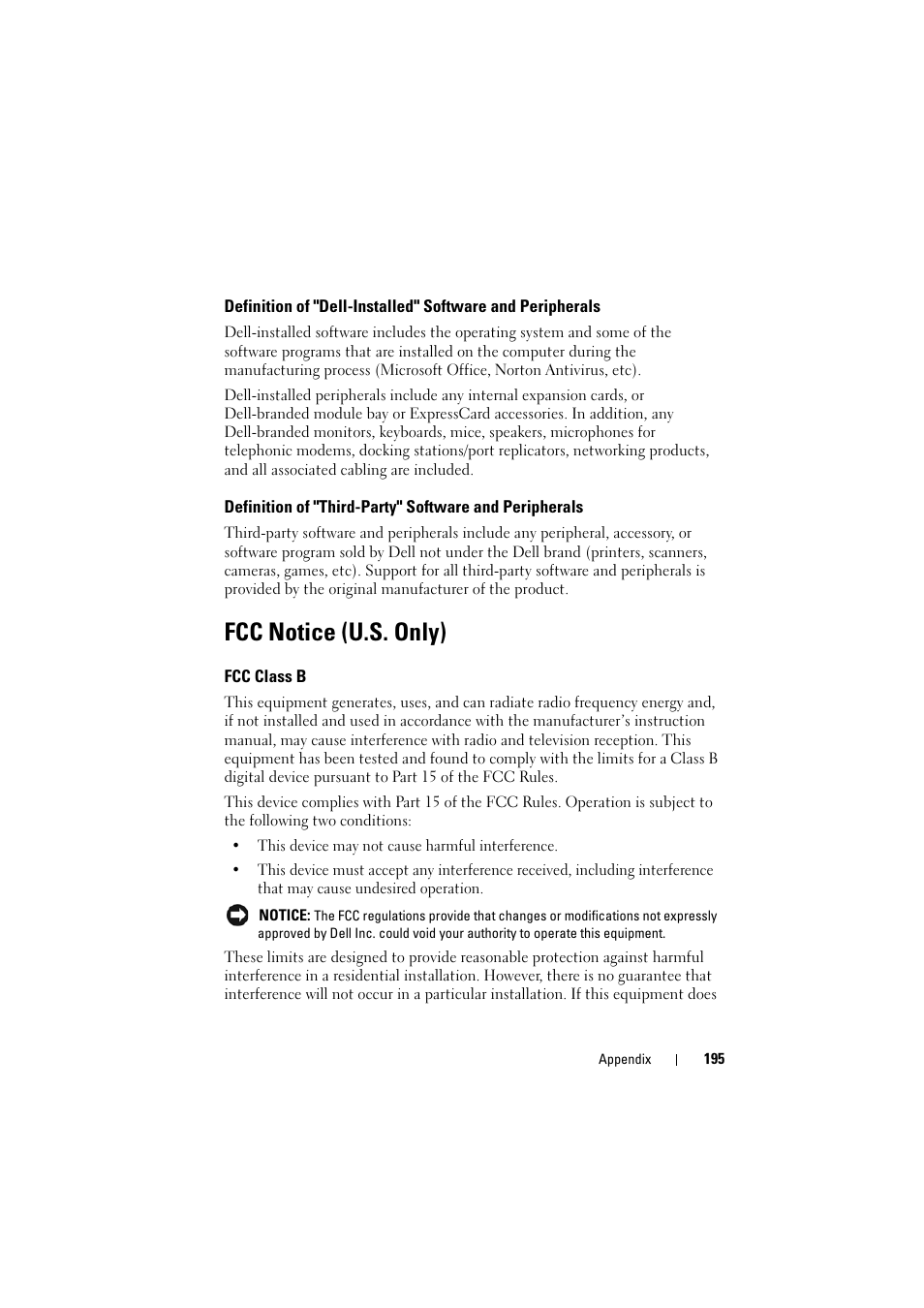 Fcc notice (u.s. only), Fcc class b | Dell Inspiron 1521 (Mid 2007) User Manual | Page 195 / 222