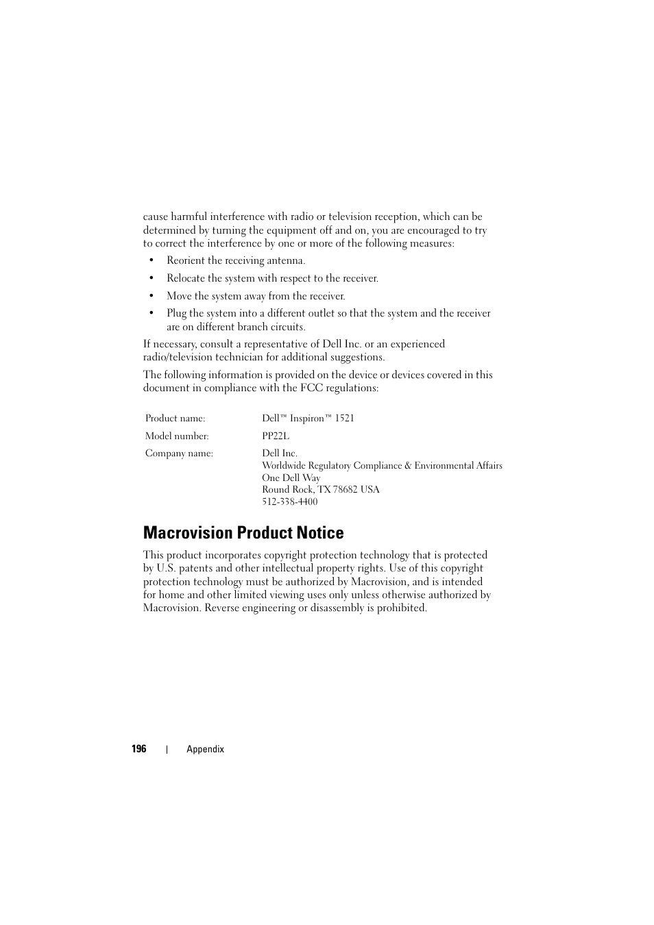 Macrovision product notice | Dell Inspiron 1521 (Mid 2007) User Manual | Page 196 / 222