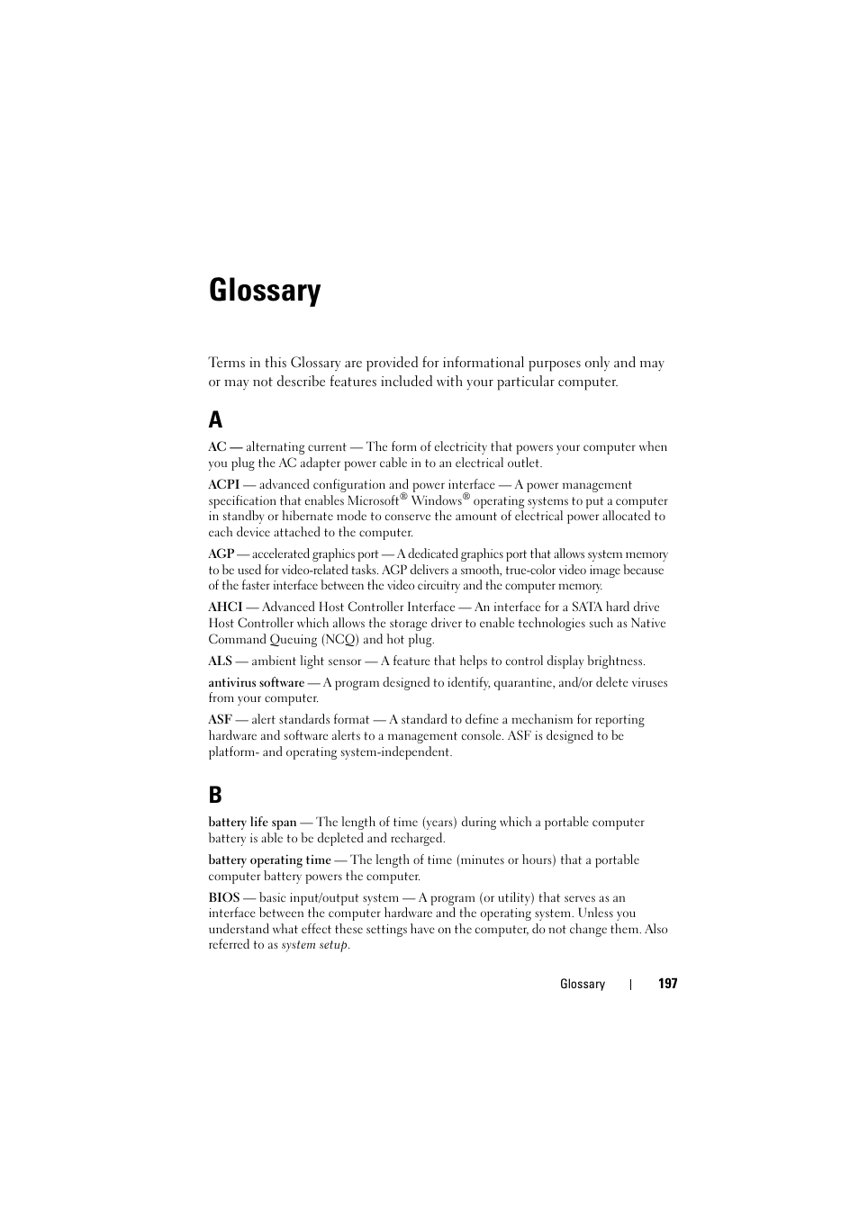 Glossary, Glossary 197 | Dell Inspiron 1521 (Mid 2007) User Manual | Page 197 / 222